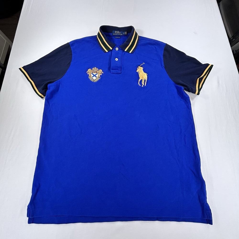 Polo Ralph Lauren Men's L Classic Fit Big Gold Pony Crest Shirt Blue Preppy